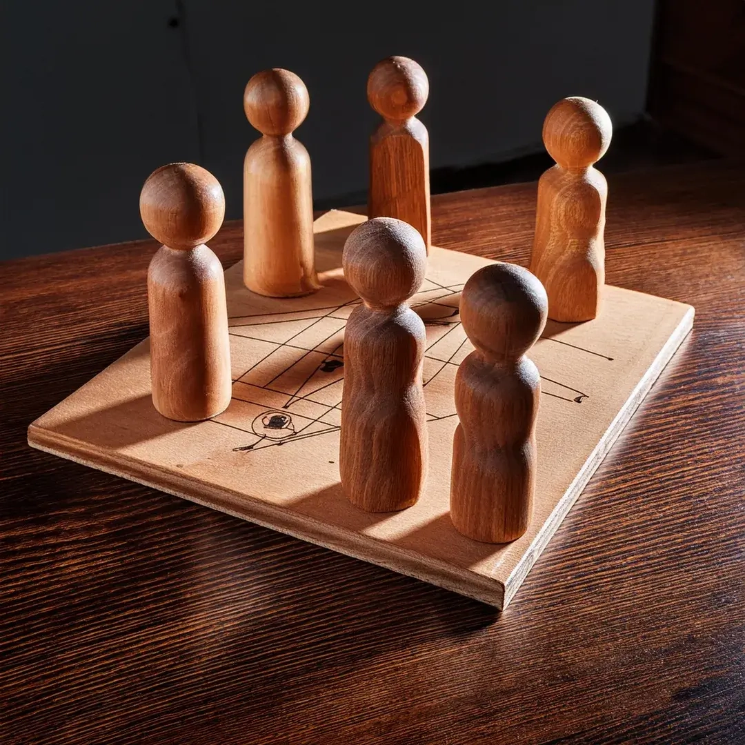 Familienaufstellung mit Figuren aus Holz, Austellungsfiguren in Ahnenreihe für systemische Psychotherapie mit der Brettaufstellung auf einem tisch